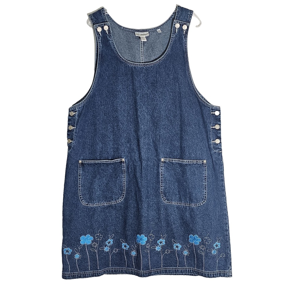 Vtg Denim Jumper 1X Blue Floral Embroidered Cottage Core Y2K Jean Overalls Dress